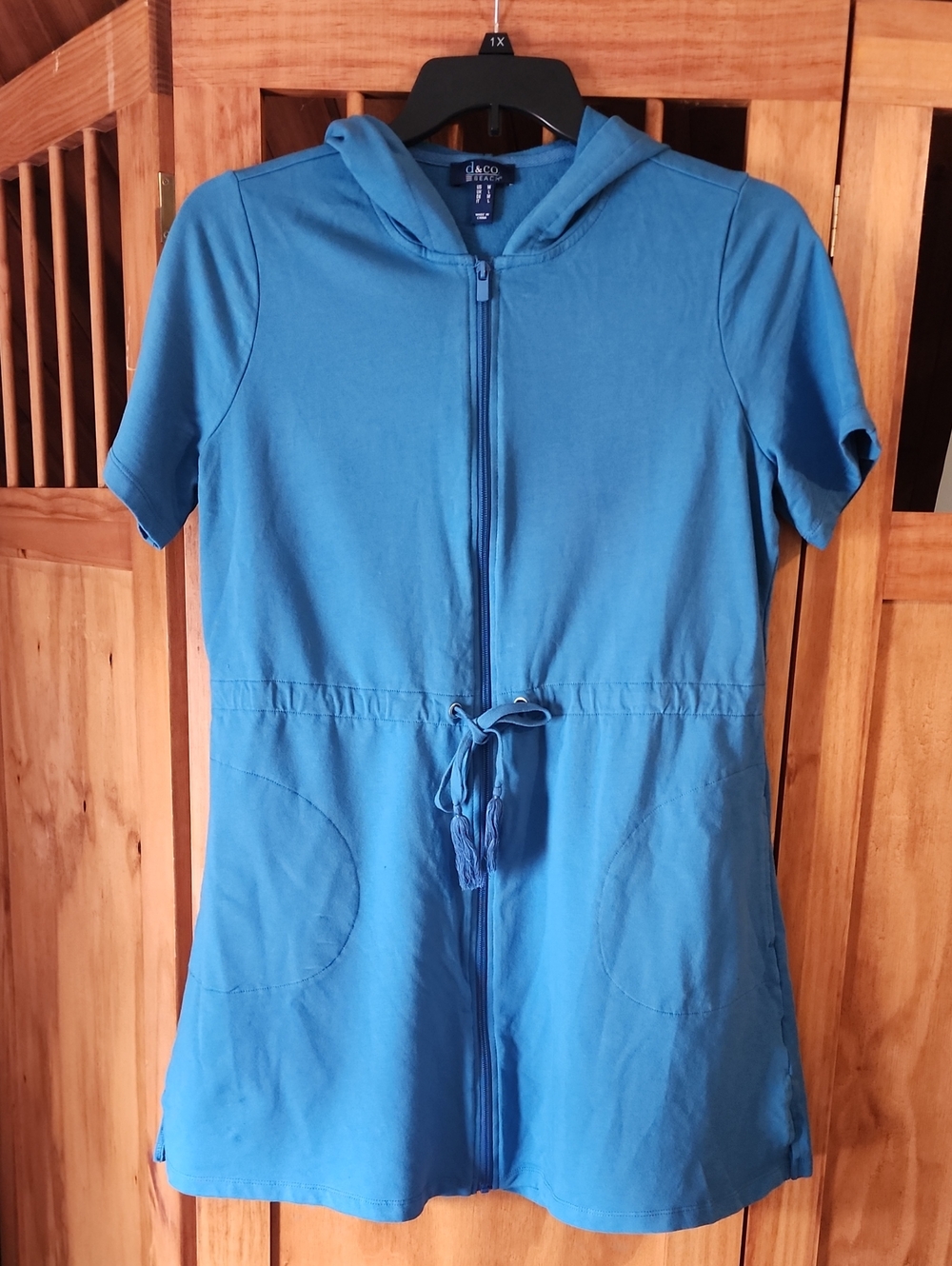 Blue Hooded Zip Swim Coverup with Drawstring Waist